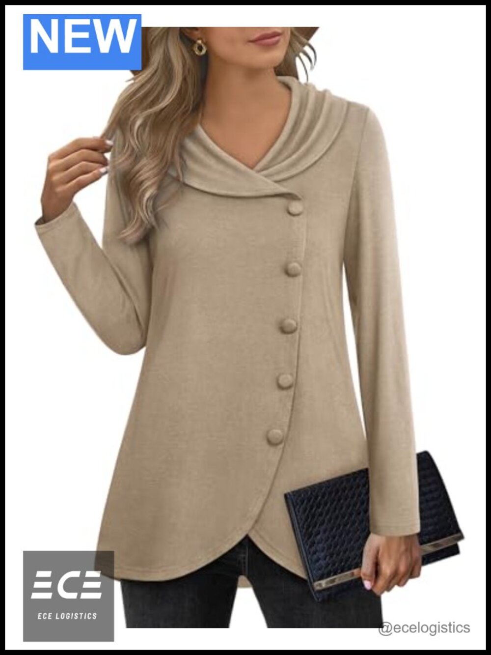 Womens Long Sleeve Button Side Tulip Hem Tunic Pullover Sweatshirt